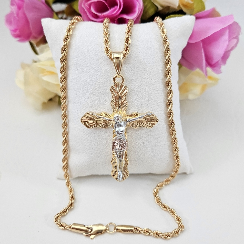 Diamond Cut Large Cross Crucifix Gold Plated Necklace